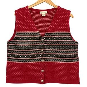 VTG Eddie Bauer Womens Vest PM Petite Red Lambswool Fair Isle Classic Preppy